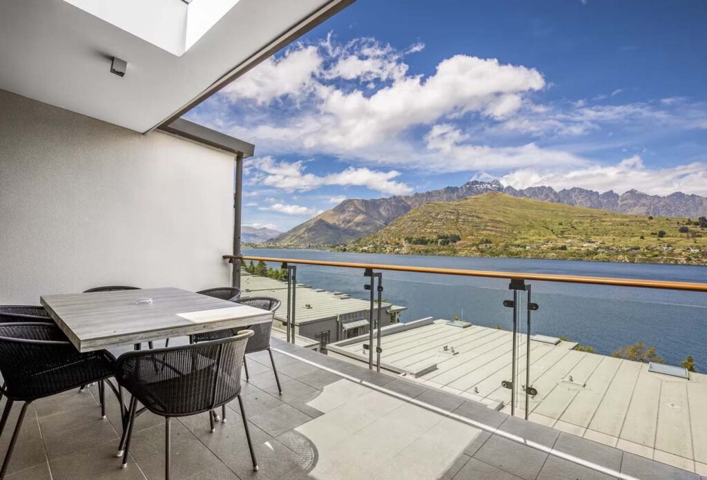 View from apartment balcony at the Rees Hotel in New Zealand